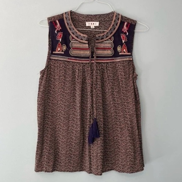 T H M L Tops - THML Anthropologie Tank Top Size XL Multicolor Embroider Sleeveless VNeck Tassel